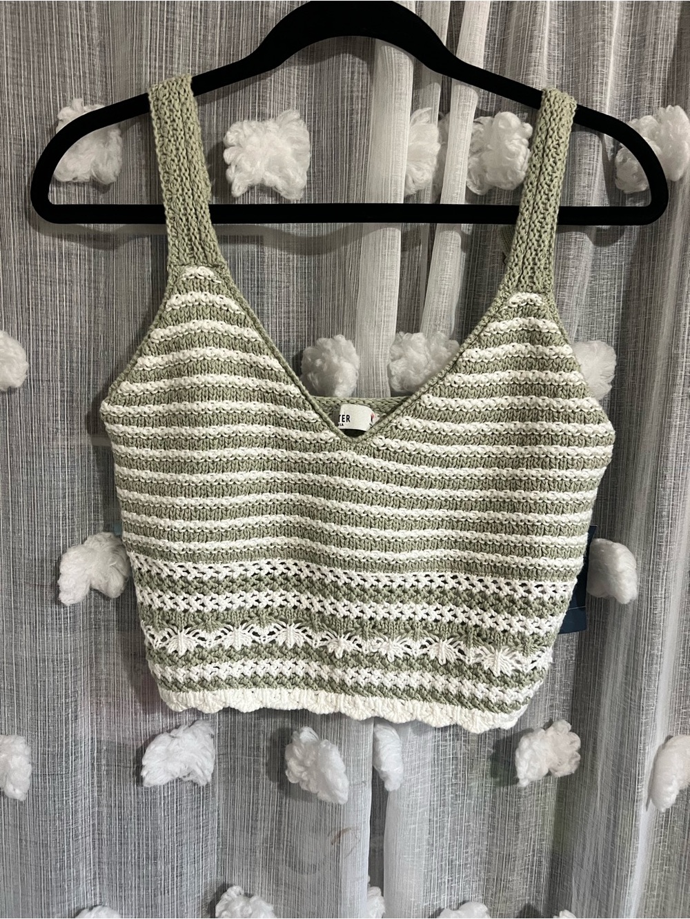 Hollister Striped Crochet Crop Tank Top - Green & White